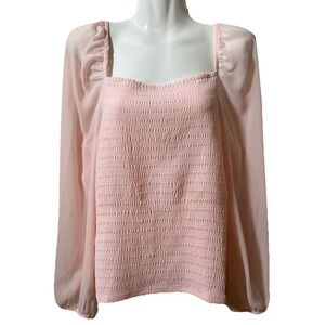 Halogen Top L Pink Smocked Puff Semi Sheer Fairycore Princesscore Glam patterned